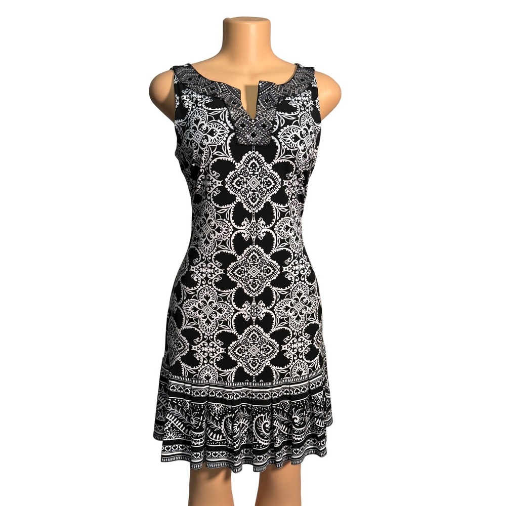 White House Black Market Dress Women S Black White Excellent Beaded Medallion